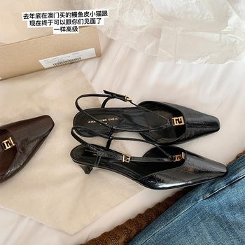 [Grape Mom's Style]Beijing Circle's Rich and Beautiful~ Square-Toe Small Gold Buckle Eel Pattern Kitten Heel Open-Back Sandals for Women in Summer