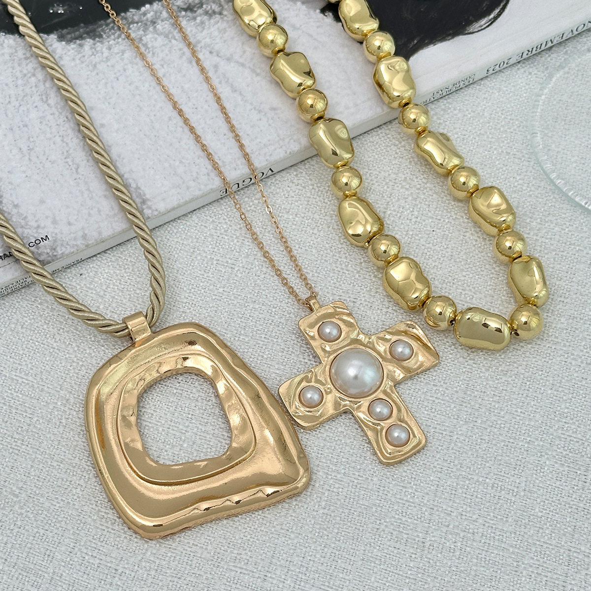 欧美跨境ins朋克设计珍珠金属十字架项链女 创意O字手工链项饰品