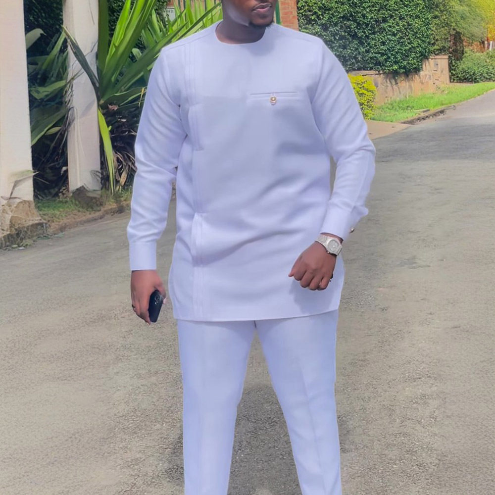 传统外贸非洲风格男士结婚新西装2件套圆领长袖上衣加裤子外贸