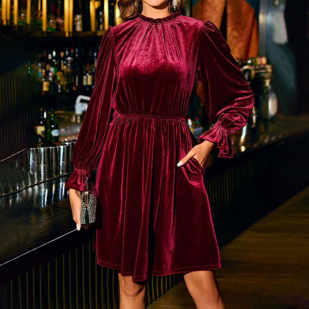 Velvet Party Dress Elegant A Line Silhouette Half High Neck Waist Defining Comfortable Fit Perfect for Evening