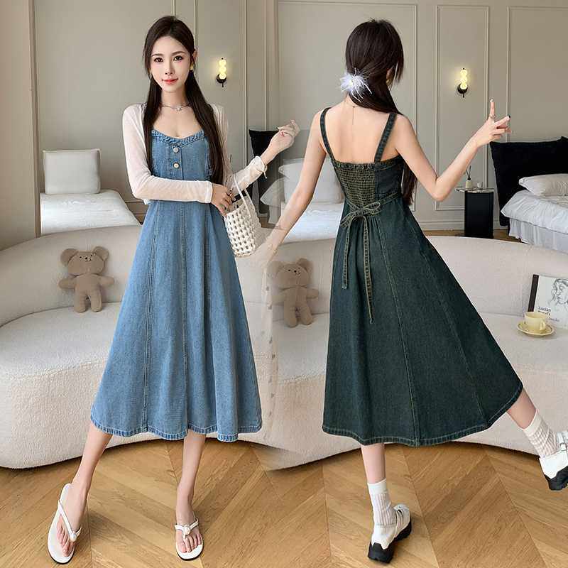 实拍2024年春秋夏季四季打底裙 牛仔背带裙中长款连衣裙女