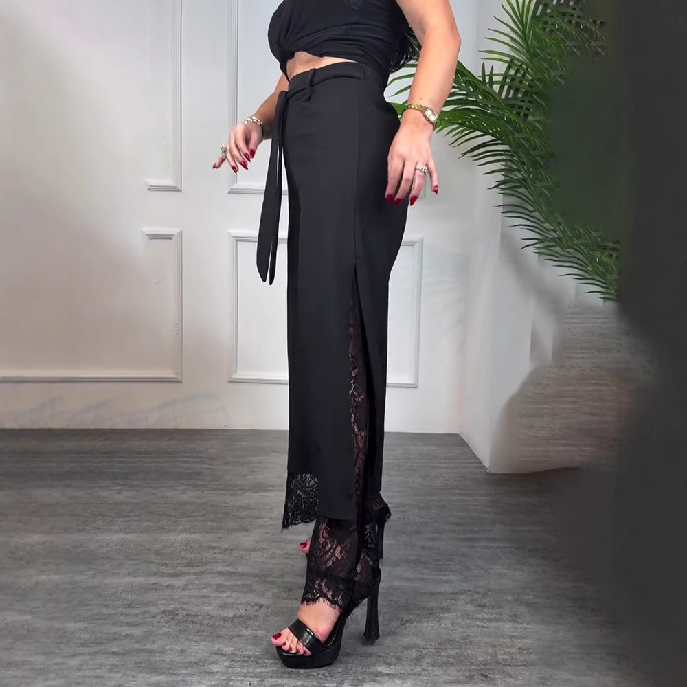 Lace Panel Casual Long Pants for Women Solid Color Adjustable Tie Comfortable Fit Spring Fashion Wholesale Available