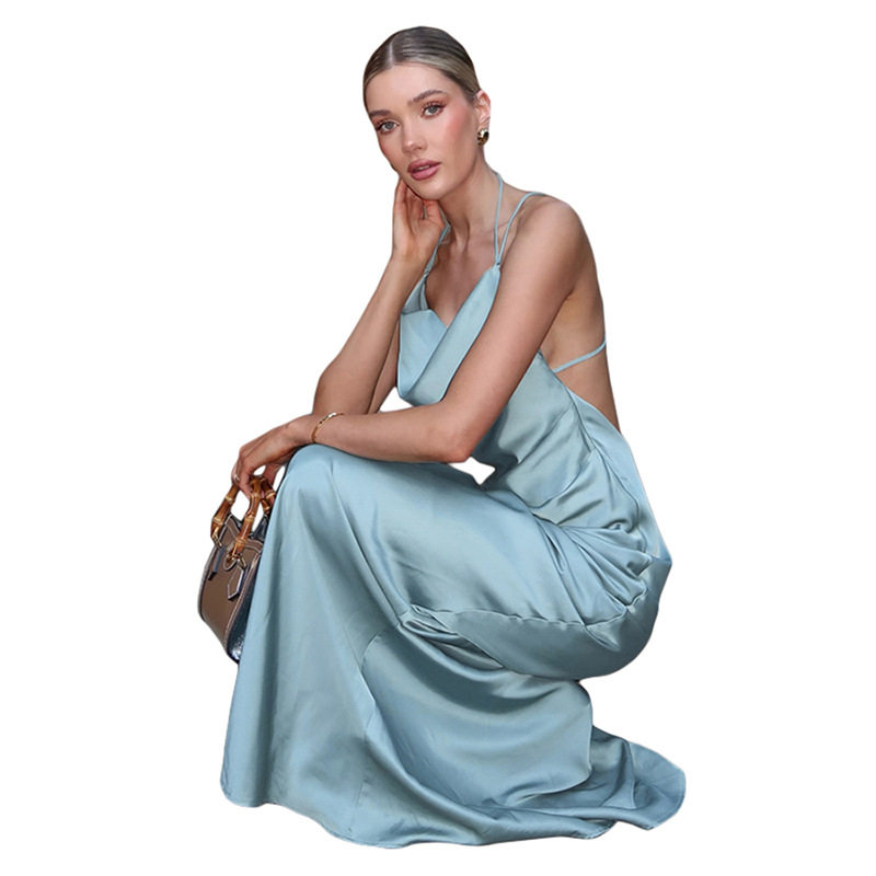 Spring Womens Dress Sexy Halter Neck 3D Decorative Solid Color Backless Perfect for Parties or Night Out