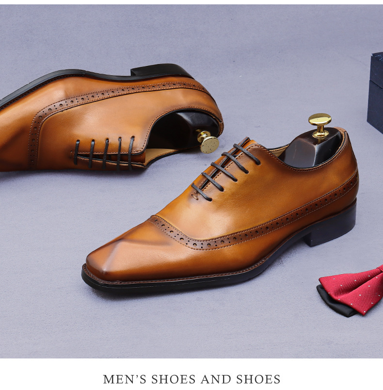 Giày Oxford nam da bò thật buộc dây mũi nhọn chạm khắc — Màu nâu vàng, Màu đen, Màu xám
