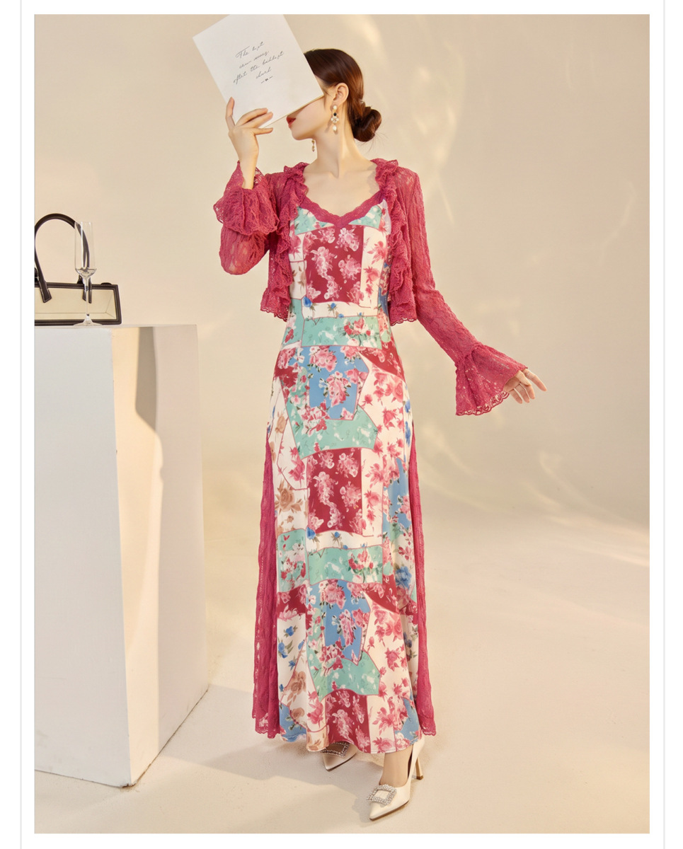 Set áo cardigan ren phối váy hai dây đuôi cá họa tiết hoa — Áo, Váy hai dây, Bộ