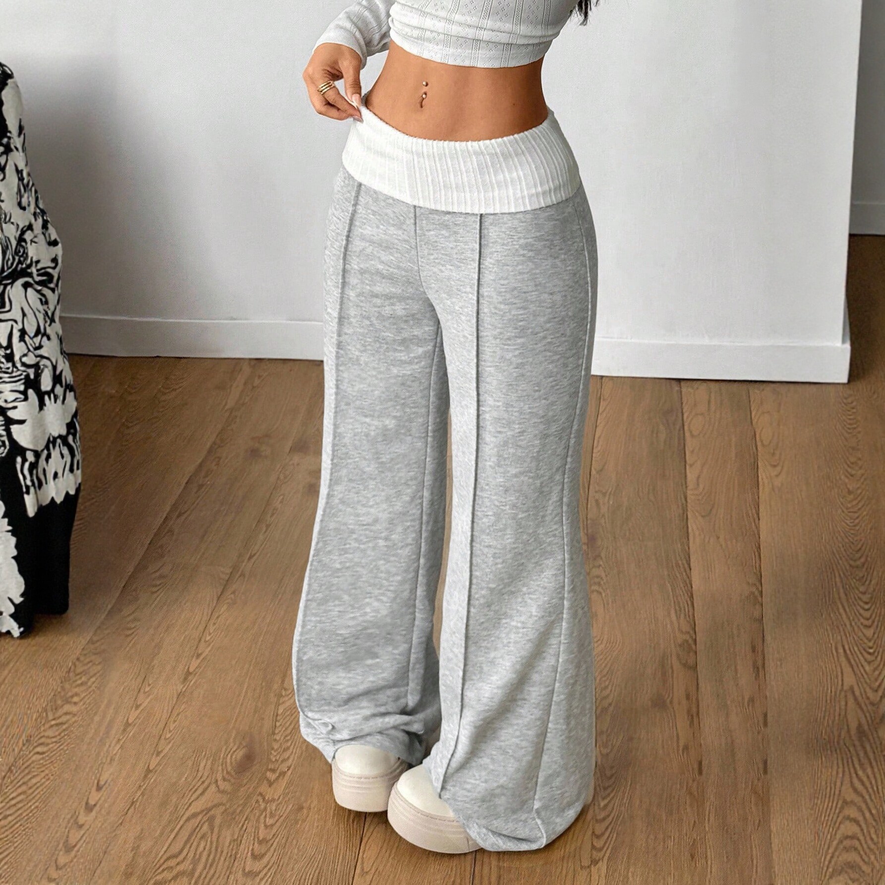 Womens Vintage Style Wide Leg Sweatpants Gray Floral Print High Waist Loose Fit Casual Autumn Winter Wear
