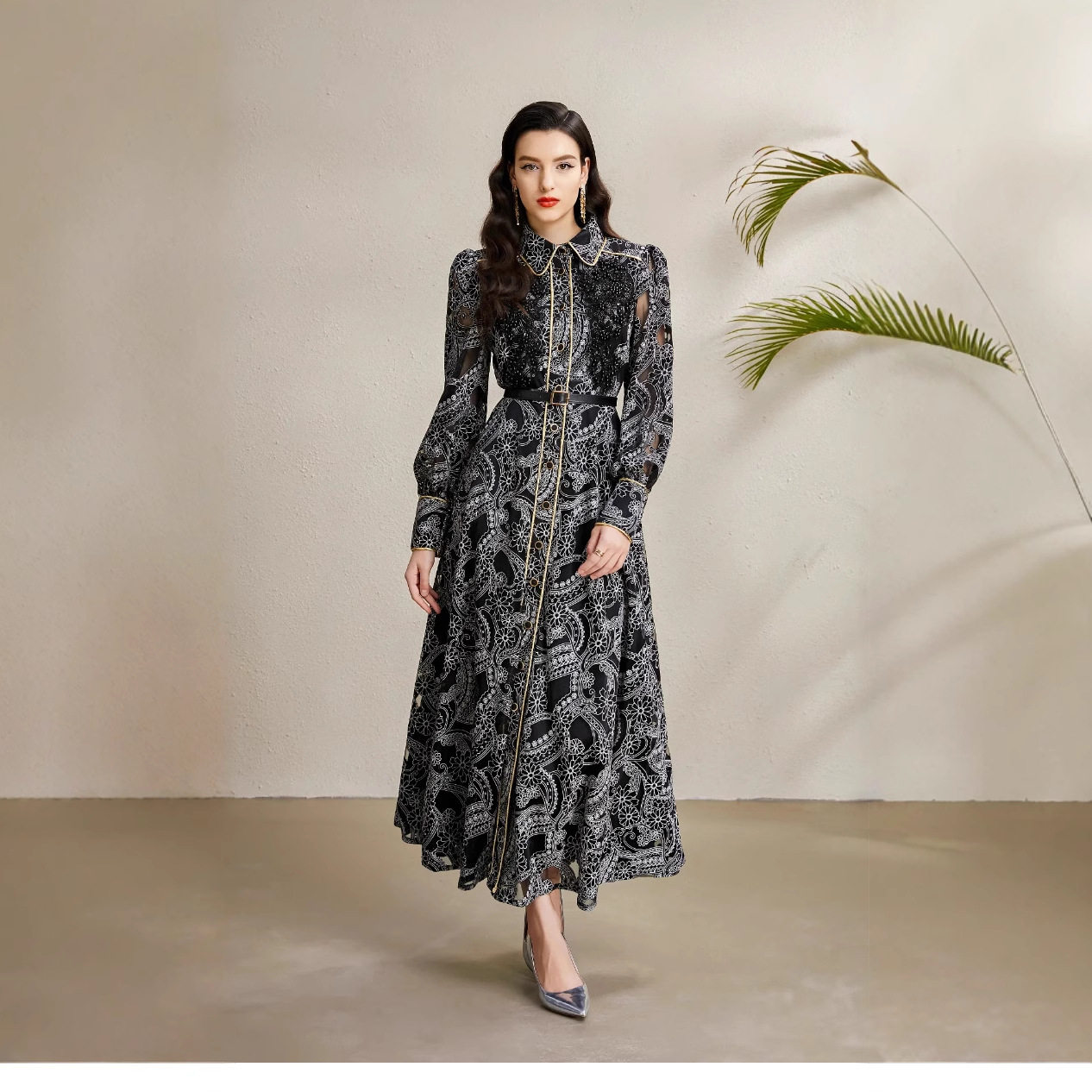 French Style Lantern Sleeve Dress for Women Autumn Sheer Mesh Hollow Out Ruffle Hem Waist Defined Long Gown