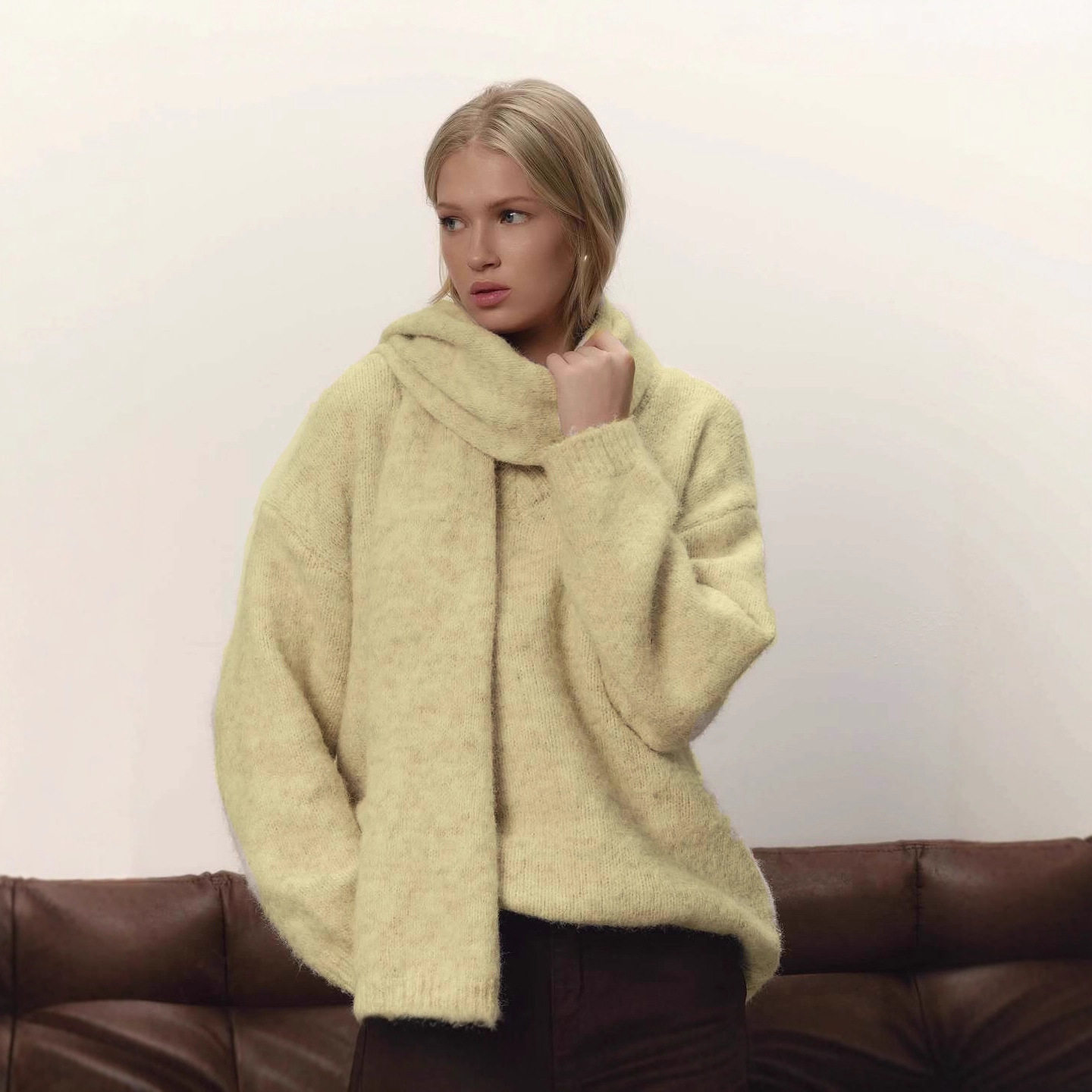 Loose Fit Soft Wool Sweater for Women Cozy Knit Pullover with Scarf Autumn Winter Casual Style Wholesale Available