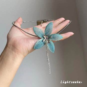 [Mist] Cool Haze Blue Cut Out Braided Flower Tassel Necklace Niche Retro Choker Clavicle Chain
