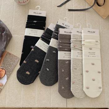 Zhuji Spring and Autumn Pure Cotton Handmade Seamless Women's Mid-Calf Slouch Socks with Small Floral Pattern, Odor-Resistant and Sweat-Absorbent Socks for Women Wholesale