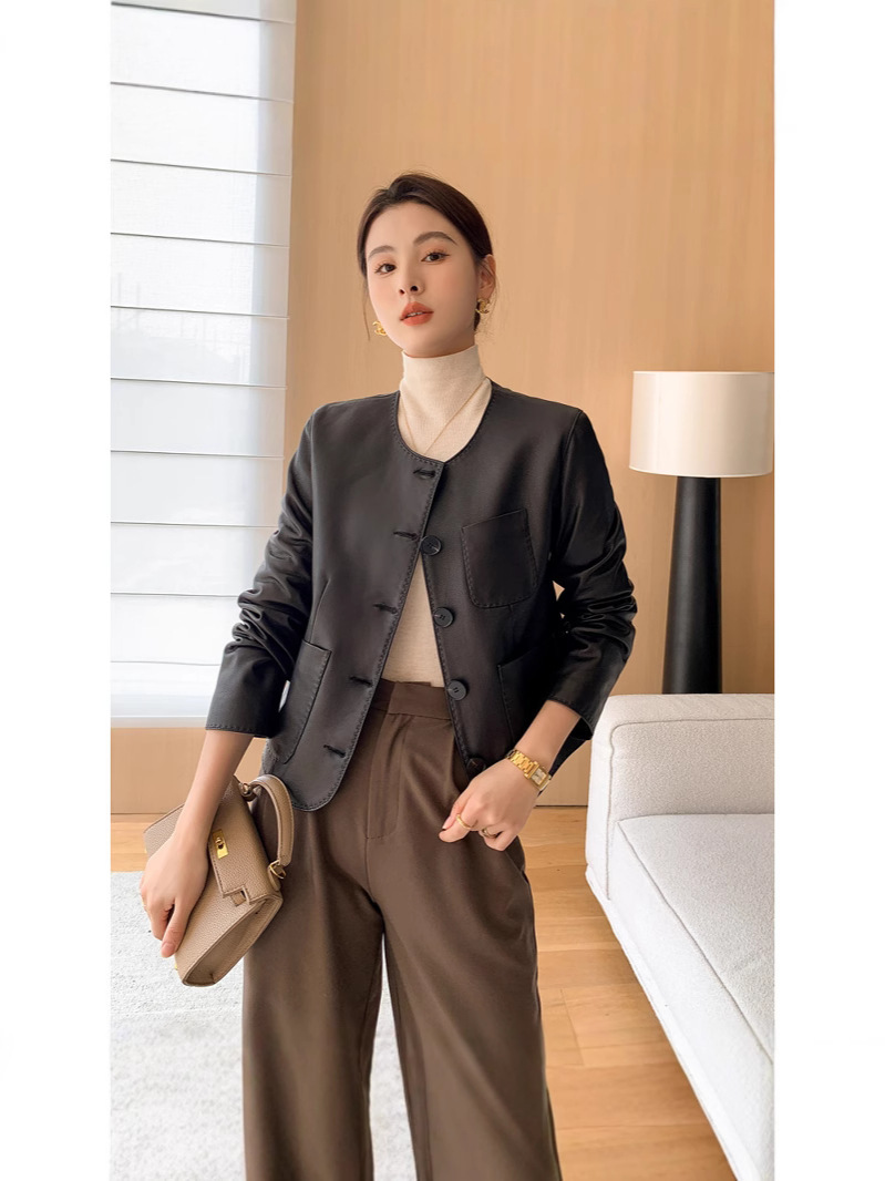 Áo khoác da cừu nữ ngắn cổ tròn phong cách dạo phố — Da cừu màu đen