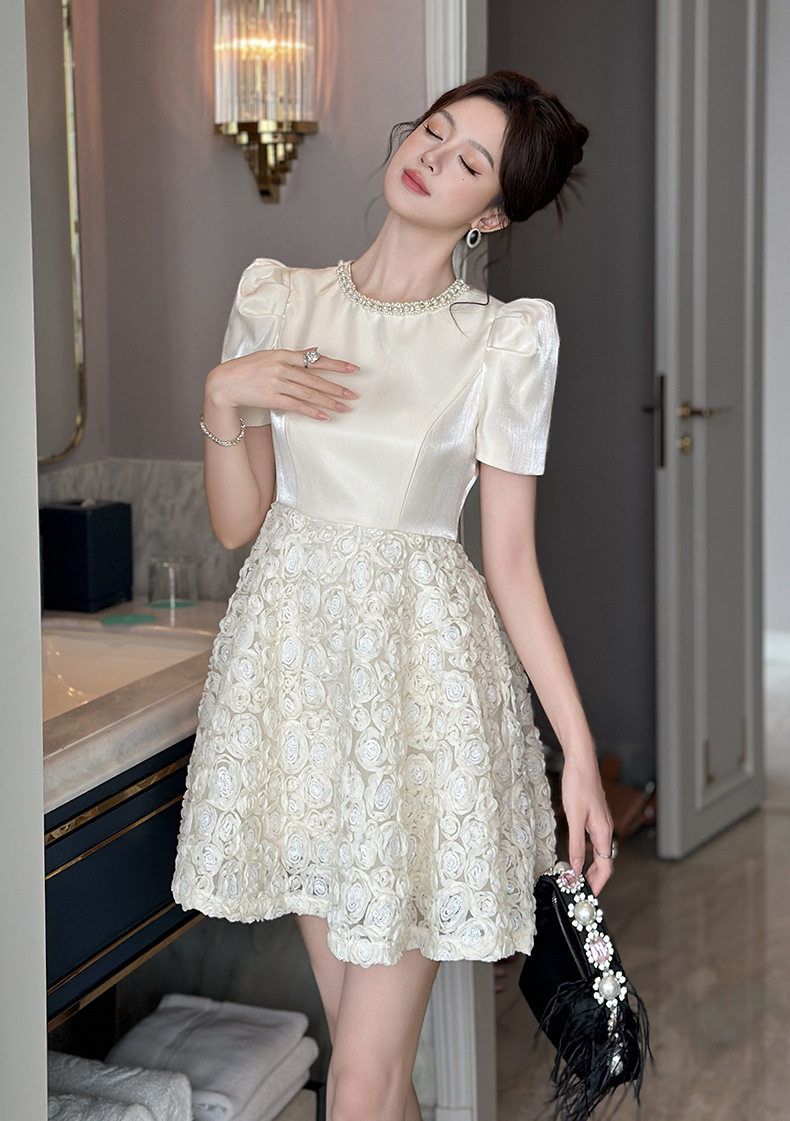 Đầm suông nữ midi tay ngắn cổ tròn chất liệu polyester phong cách phương Tây — [Màu hồng đào] chi tiết 5