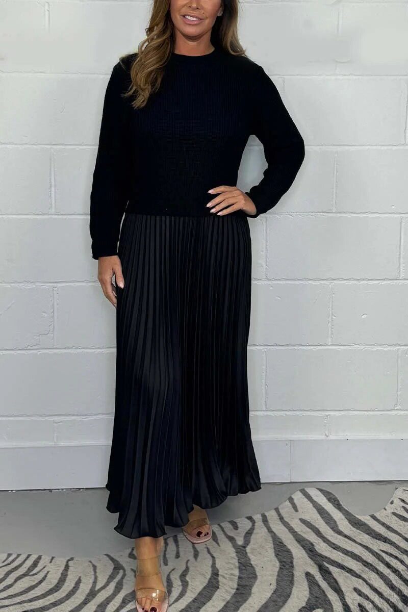 Knitted Long Sleeve Color Block Dress Solid Color Pleated Design Stylish for Fall Winter Wholesale Available