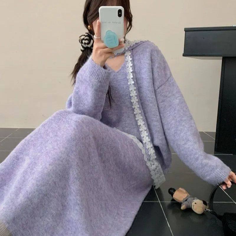 Plus Size Women's Autumn and Winter Design, Gentle Style Lace Splicing Sweater Top + Slimming Look Skirt Two-Piece Set