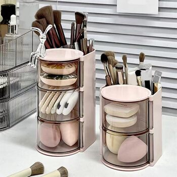 Powder Puff Storage Box Rotating Dust-Proof Dressing Table Desktop Beauty Egg Air Cushion Lipstick Makeup Brush Storage Box Storage Rack