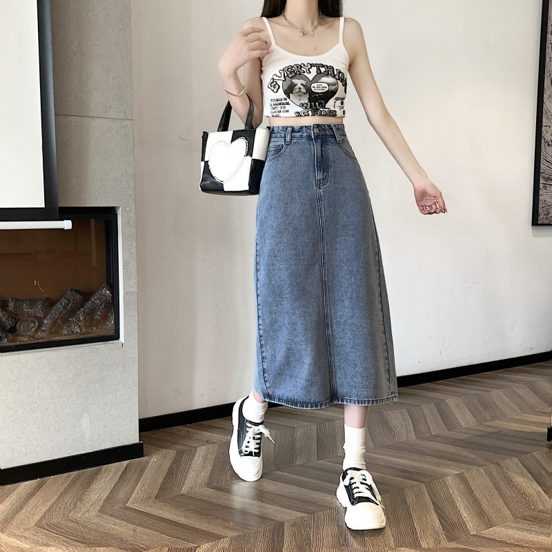 High Waisted Denim Midi Skirt for Women Vintage A Line Slim Fit Bodycon Style Spring Summer Fashion Wholesale