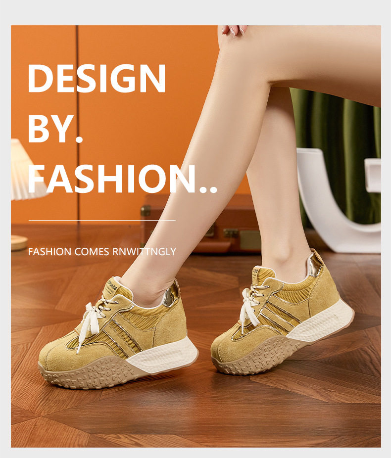 Giày sneaker nữ đế dày chunky da microfibre phong cách đơn giản, gót siêu cao 8cm — Len thuần, Vàng, Tím chi tiết 10