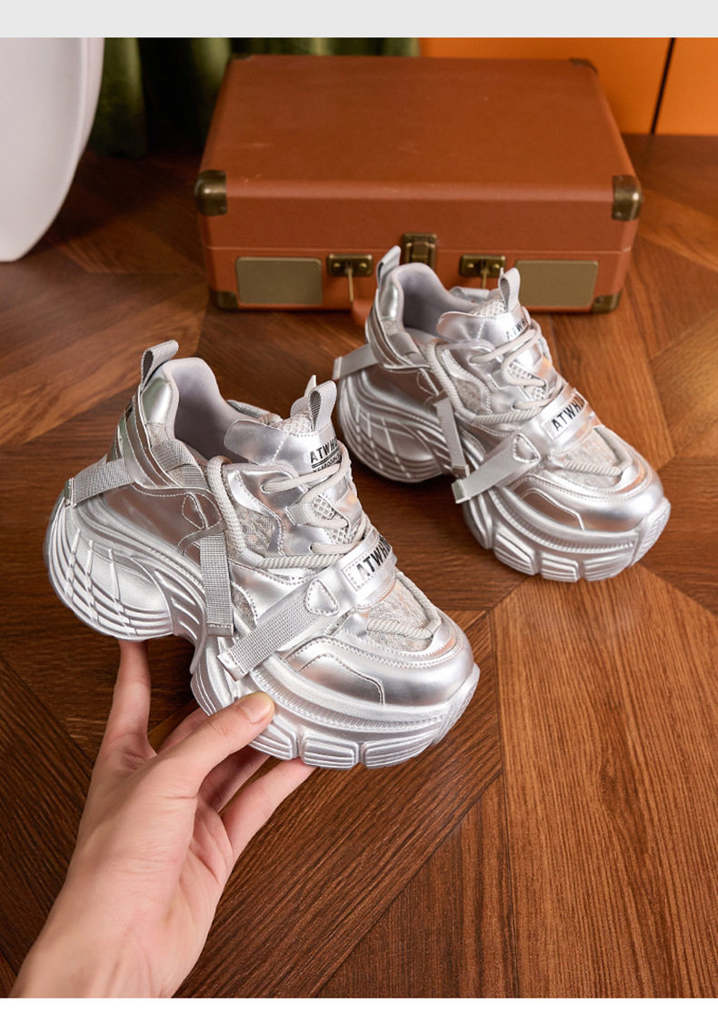 Giày sneaker nữ chunky đế dày lưới thoáng khí gót siêu cao 8 cm — Len tinh khiết, Bạc, Tím chi tiết 15