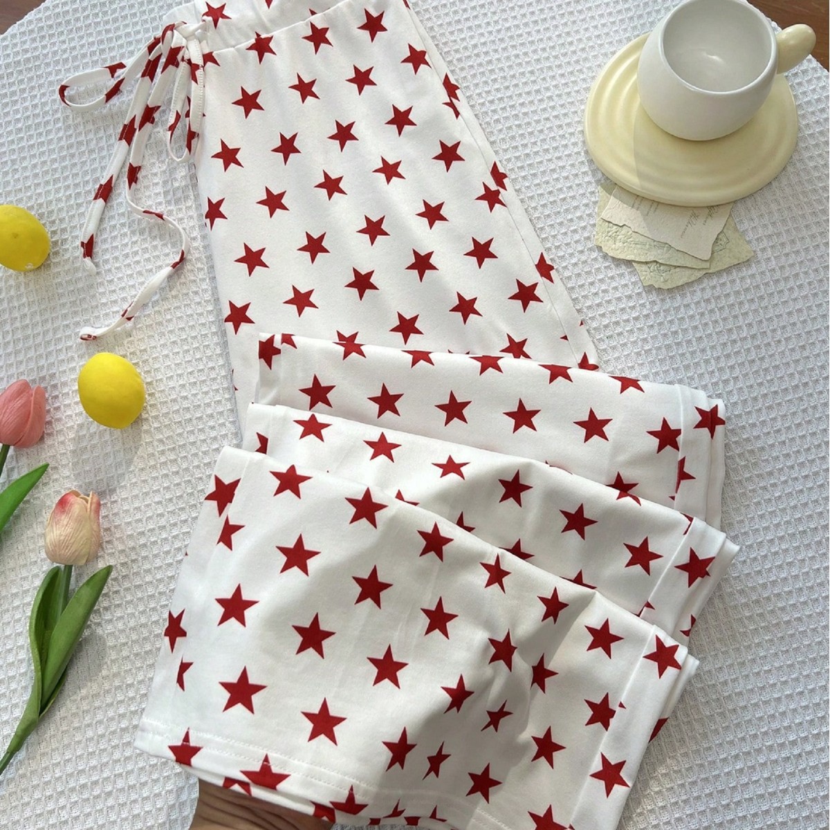Casual Wide Leg Pants Drawstring Elastic Waist Star Print Versatile Womens Fashion Ready to Ship