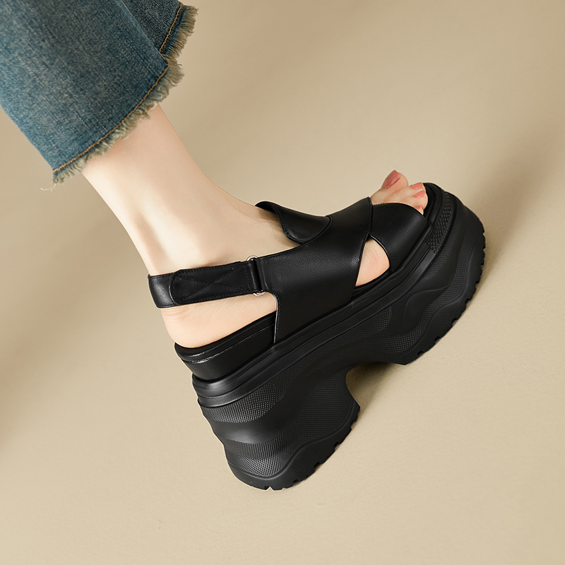 Sandal La Mã nữ quai ngang hở mũi đế dày tăng chiều cao, khóa dán tiện lợi — Màu đen, Màu trắng