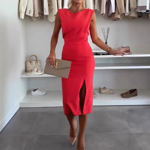 Elegant Womens Dress Solid Color Round Neck Zipper Closure Slim Fit Autumn Collection Wholesale Available