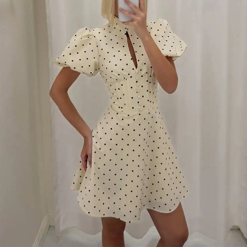 Spring Womens Dress Fashionable Polka Dot Hollow Out Waist Cinching Puff Sleeve Casual or Party Wear Wholesale