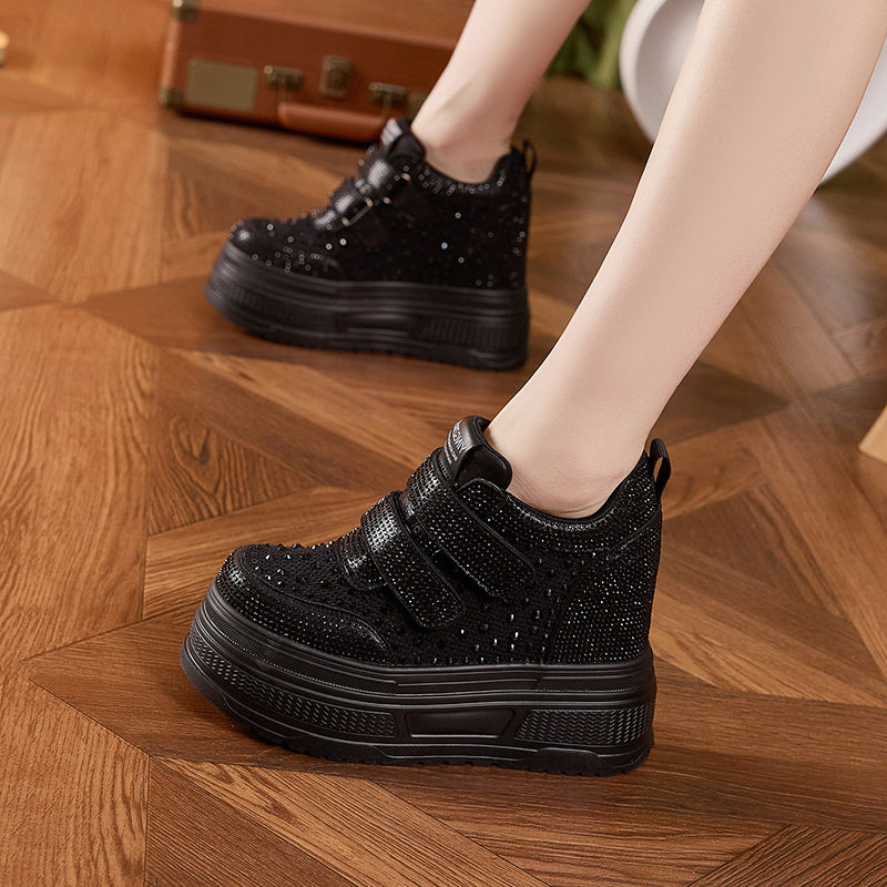 Giày sneaker nữ đế dày chunky trắng phối lưới thoáng khí gót 12 cm — Trắng, Đen