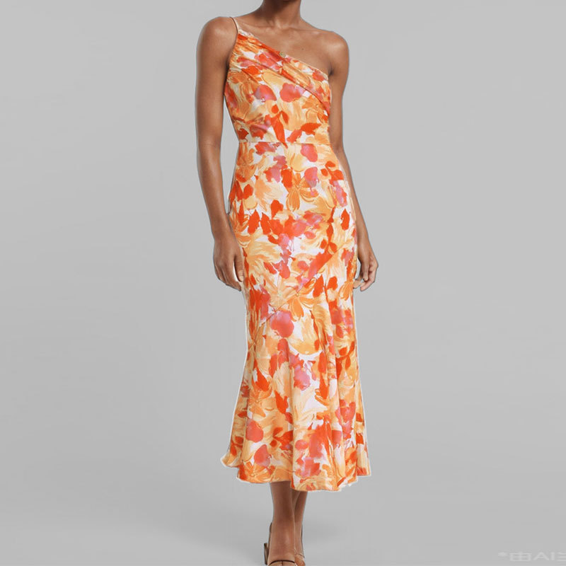 Elegant Floral Print Mermaid Maxi Dress Sexy Spaghetti Strap Asymmetrical Neckline Chic for Office or Evening Wear