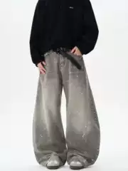 American Style Vintage Washed Old Grey Splash Ink Scimitar Jeans Trendy Brand Street Loose Wide Leg Trendy Pants for Men and Women