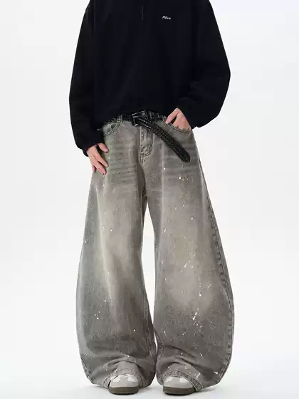 American Style Vintage Washed Old Grey Splash Ink Scimitar Jeans Trendy Brand Street Loose Wide Leg Trendy Pants for Men and Women
