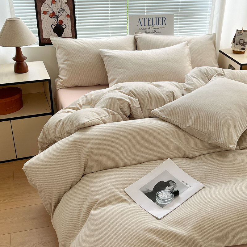 Muji Style Pure Cotton Bed Four-Piece Set, Pure Cotton Quilt Cover, Blogger's Same Style Stripesd Washed Cotton Quilt Cover, Student Three-Piece Set