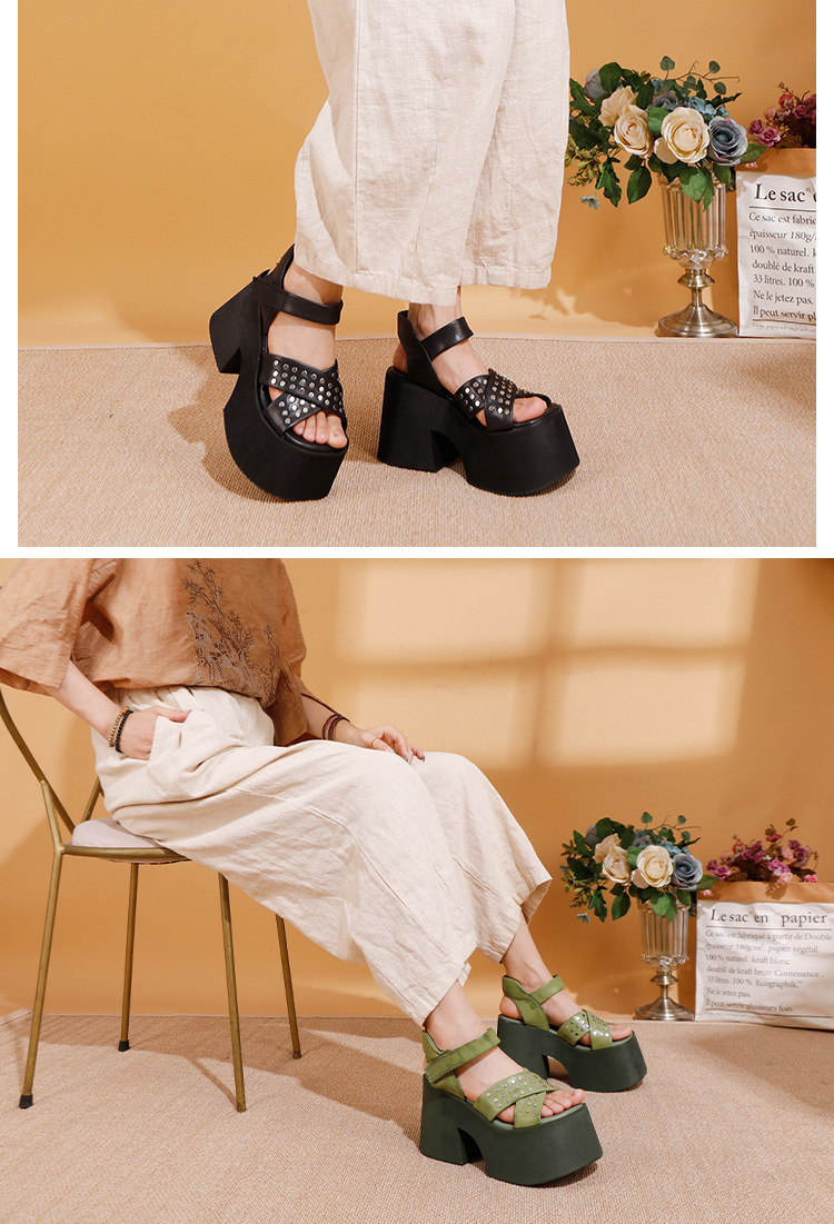 Sandal nữ da bò thật gót siêu cao đế dày kiểu La Mã đính đinh tán — Màu đen, Màu xanh lá