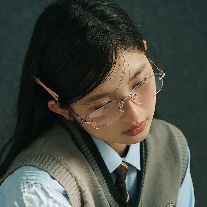 silver Frameless Square Anti-Blue Light Flat Mirror Spice Girls Y2K Sven Glasses Frame Can be Equiped with Myopic Glasses Frame for Men and Women