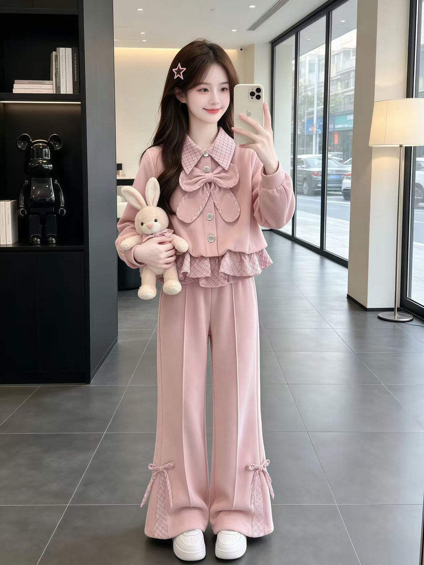 리본 프릴 블라우스 플레어 셋업 착용 컷