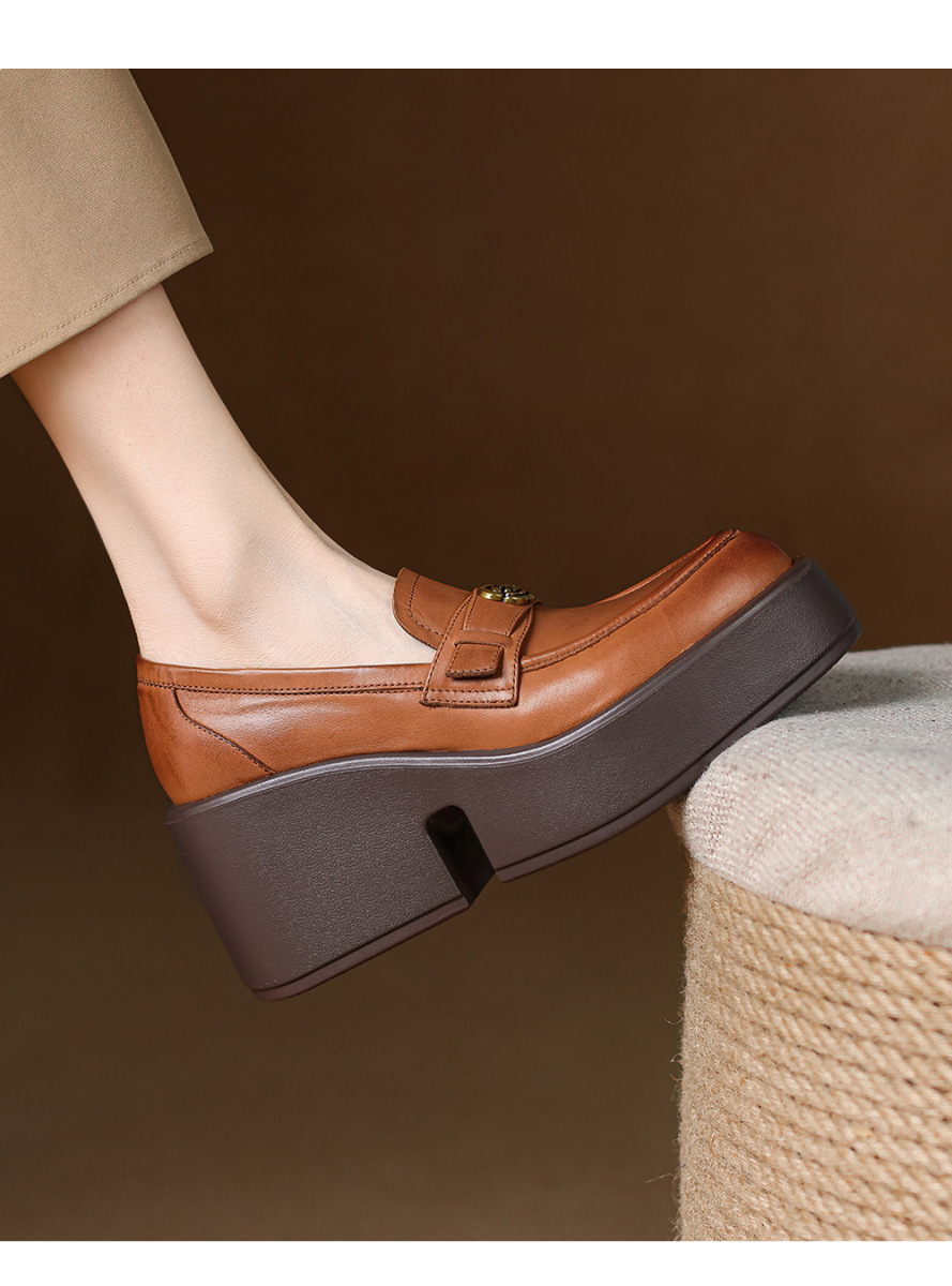 Giày lười nữ đế xuồng gót cao 8cm da bò thật mũi nhọn — màu đen, Màu nâu