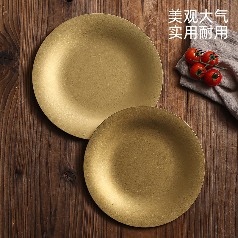 Retro Stainless Steel Round Plate Shallow Plate Barbecue Plate Old Golden Hot Pot Dish Dessert Plate Snack Plate Bone Plate