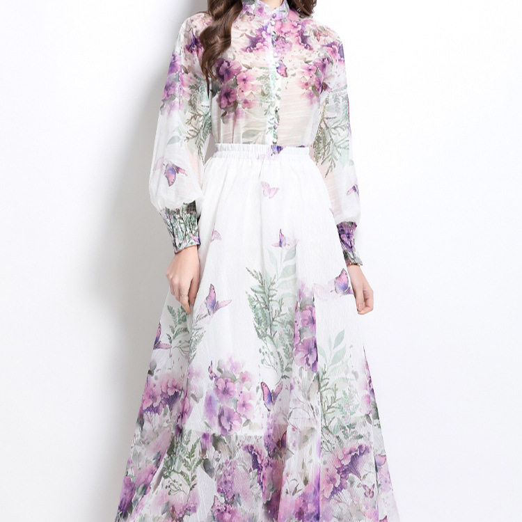 Womens High End Floral Print Two Piece Set Lantern Sleeve Top High Waist Skirt Spring Fashion for Elegant Occasions