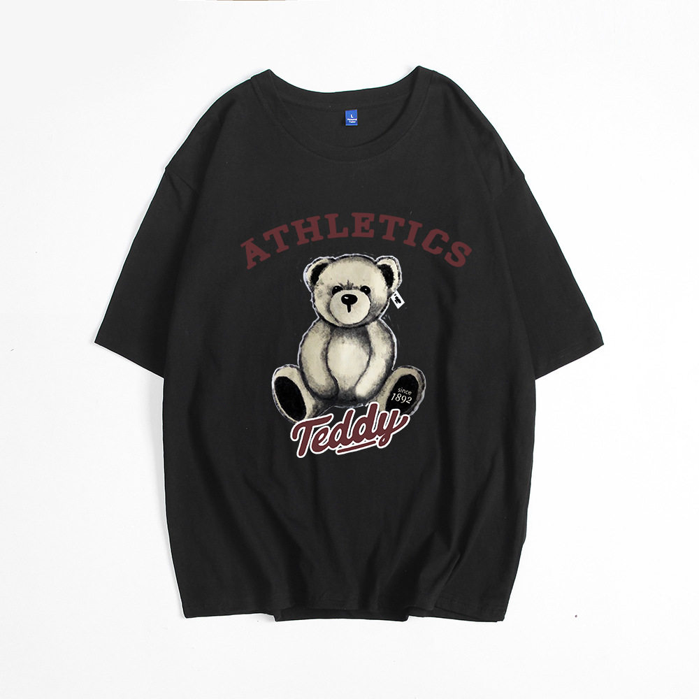 Womens Summer Loose Fit T Shirt Cute Bear Print Round Neck Short Sleeve 100 Cotton Casual Wear Wholesale