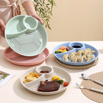 Dumpling Plate with Dipping Dish Wheat Straw Dinner Plate Household Large Three-compartment Split Plate Split Disc Plastic Plate