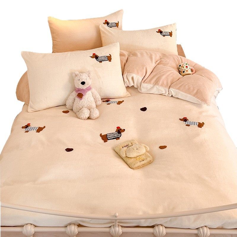 Category a Autumn and Winter Thickeneded Milk Velvet Four-Piece Set for Single and Double Student Dormitories Ins Cute Cartoon Baby Velvet Three-Piece Set