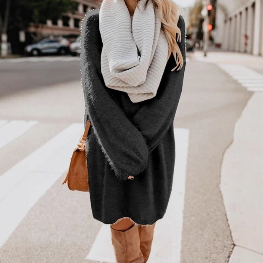 2025秋冬 ebay亚马逊wish女装 中长款长袖圆领宽松毛绒连衣裙