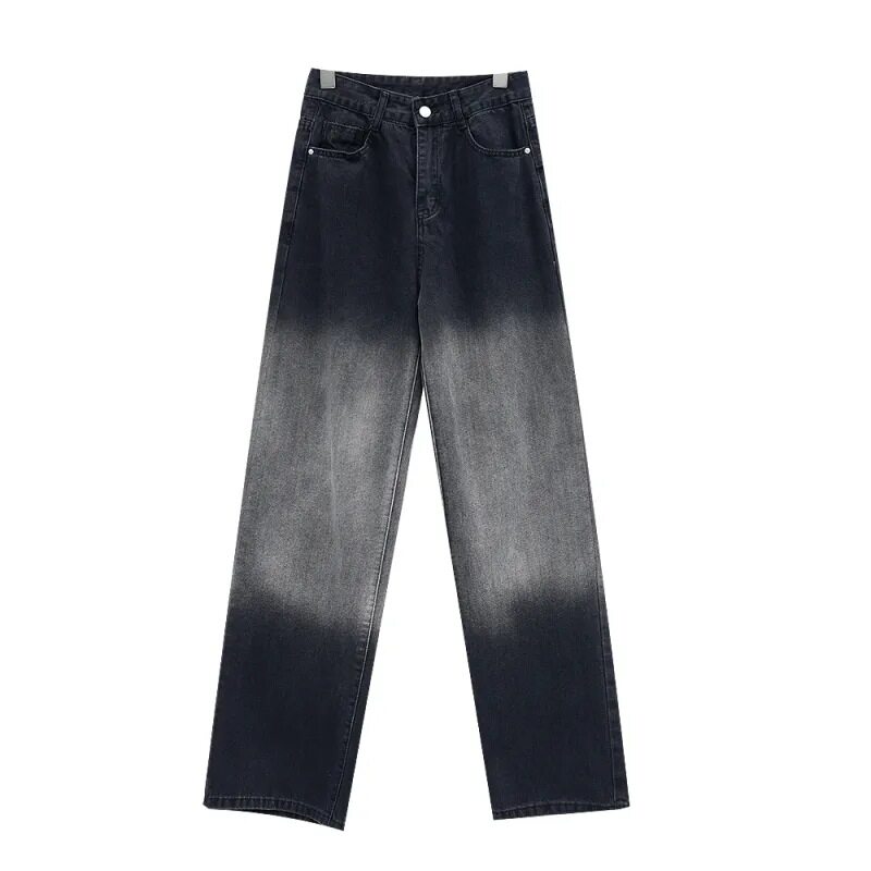 Black Gradient Straight Leg Jeans for Women High Waist Casual Slim Fit Korean Style Spring Fashion for Students