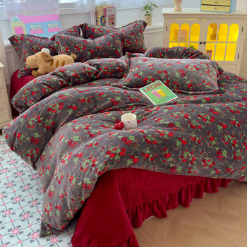 2025 New Autumn and Winter Thickeneded Skin-Friendly and Comfortable Milk Velvet Lace Bed Cover Four-Piece Warm Velvet Set