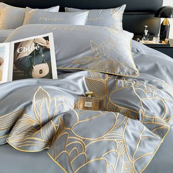 [Class A maternal and infant grade 100 long staple cotton four-piece set cotton cotton heavy industry embroidery light luxury solid color simple