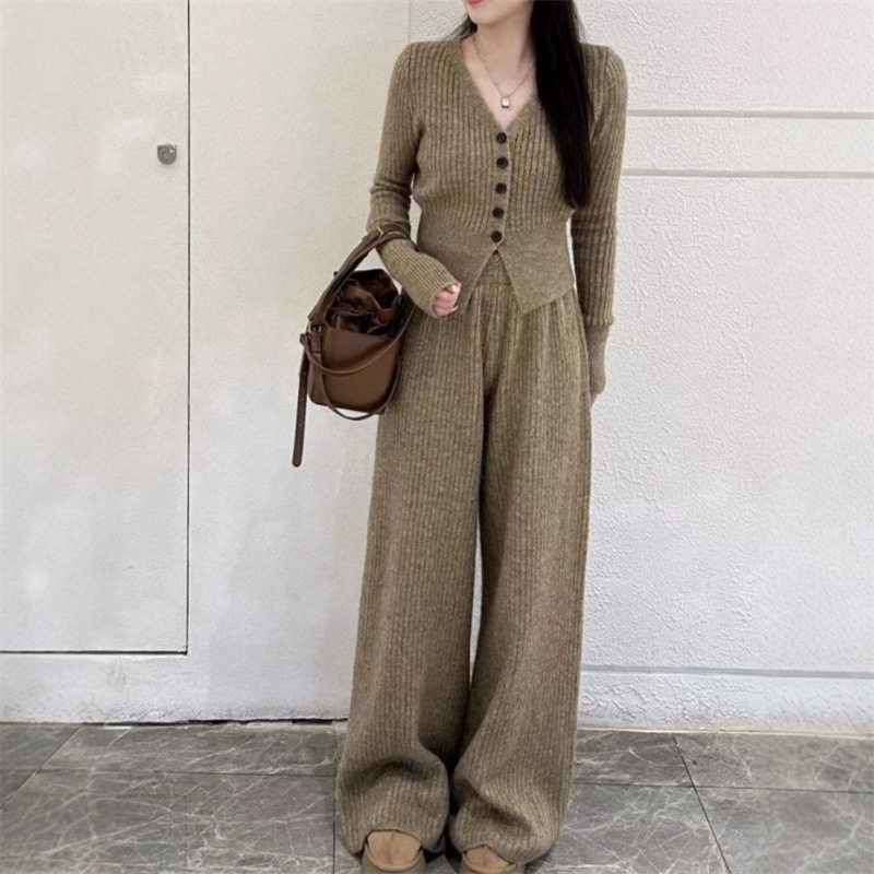2025 Autumn and Winter Slim Fit Easiest for Match Sweater Suit Women's Two-Piece V-Neck Cardigan Slim High Waist Sweater + Wide Leg Pants