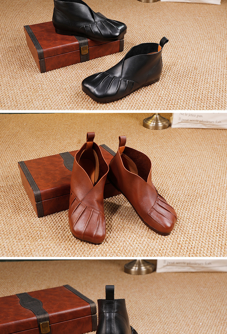 Boot nữ cổ thấp da bò thật phong cách tối giản dễ phối đồ — đen, nâu