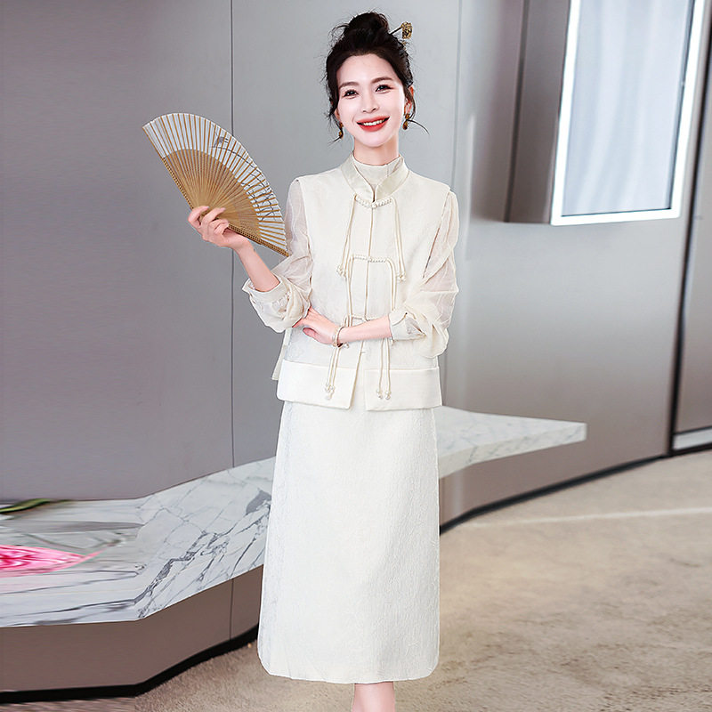 Set Áo Gile và Chân Váy Dài Nữ Phong Cách Tân Cổ Điển Họa Tiết Jacquard Màu Hồng, Trắng