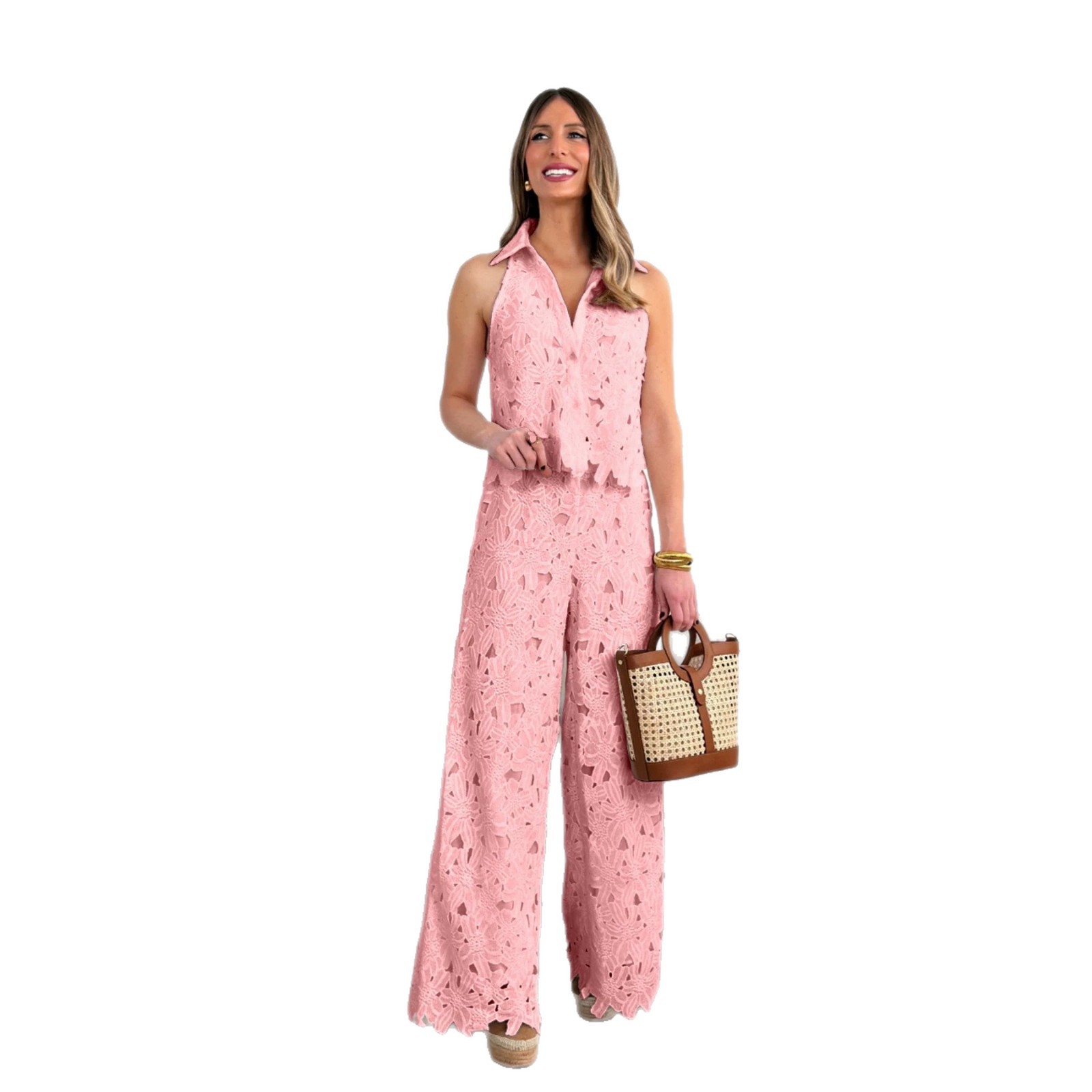 French Embroidered Hollow Out V Neck Tank Top and Wide Leg Straight Pants Set Summer Style Elegant Casual Wear