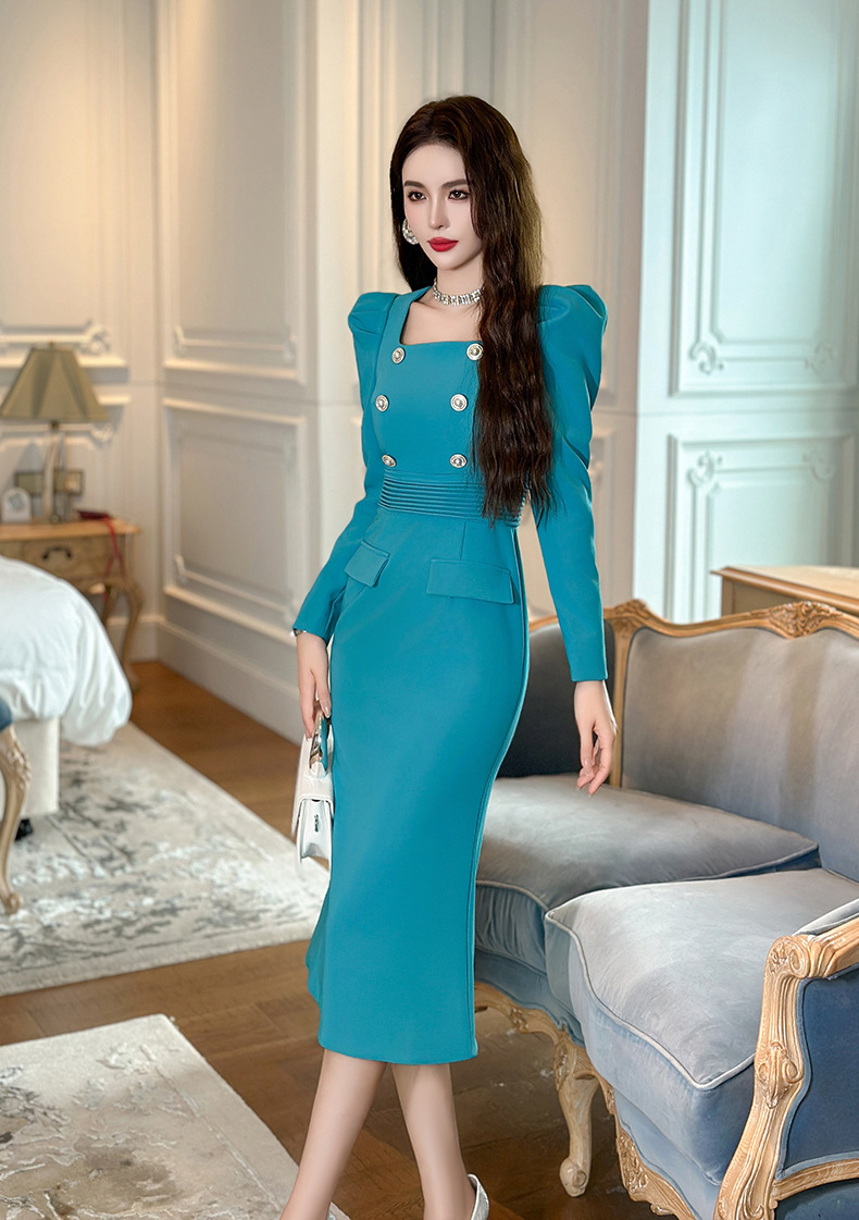 Đầm ôm body nữ cổ vuông dài tay thắt eo thanh lịch — Màu xanh nước hồ