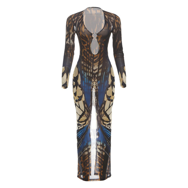 Fashionable Womens Long Sleeve Bodycon Dress with Ring Detail Color Block Design Low Neckline Fall Collection